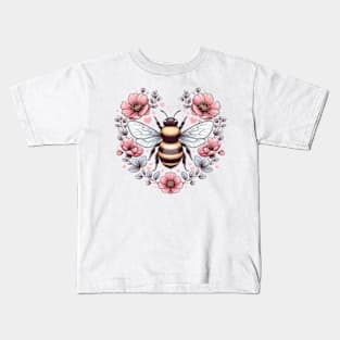 A buzzing bee surrounded by heart-shaped flowers, Bee My Valentine Kids T-Shirt